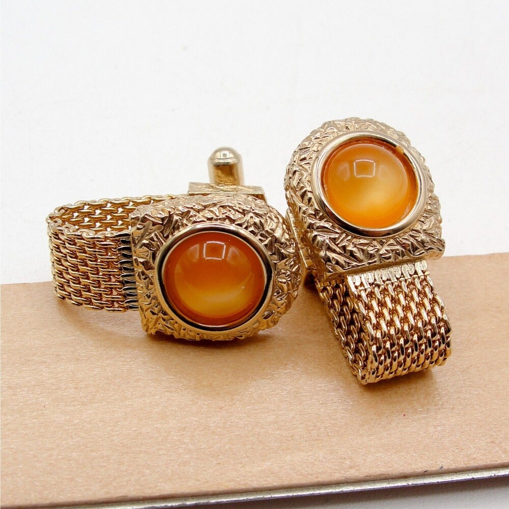 Vintage Swank Orange Moonglow Cabochon Gold Tone Mesh Wrap Around Cufflinks MCM
